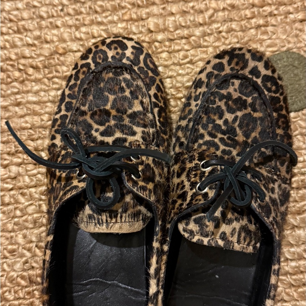 Massimo Dutti Women's Leather Fashion Round Toe Leopard Print Lace-up Loafers - Picture 7 of 7